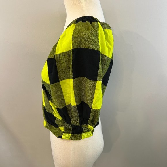 NWOT BP x WILDFANG Black Green Plaid Surplice Top Bubble Sleeve Smocked Back (XS - Picture 4 of 9
